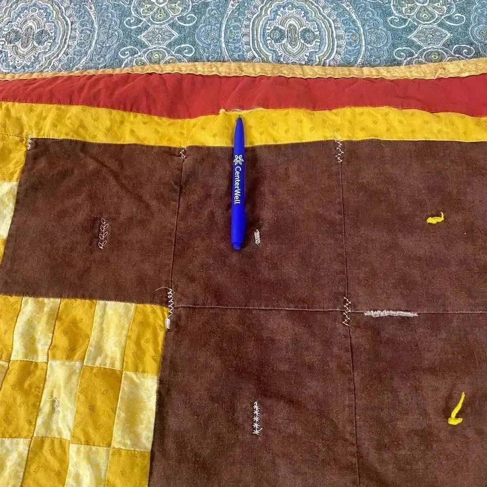 Vintage brown and Mustard Patchwork Quilt - Checkerboard Design 44” x 57”